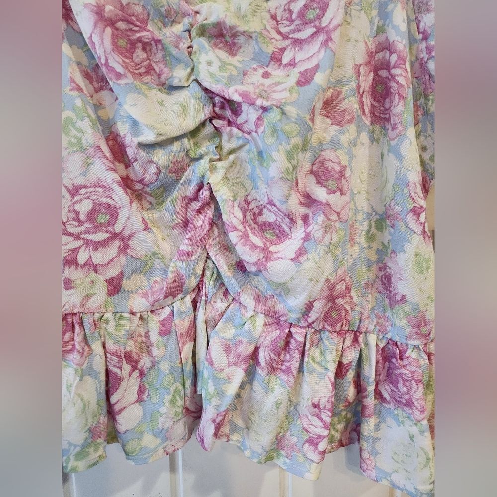 Almost Famous Women's Junior Blouse, Large, Puff Sleeve Pastel Rose Pink Blue - Picture 11 of 16